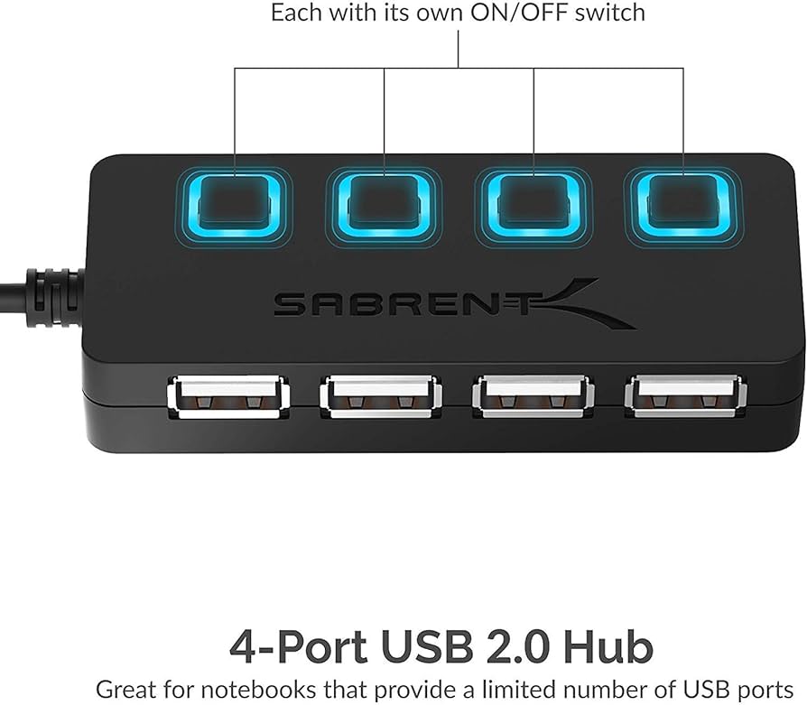 Sabrent 4-Port USB 2.0 Hub with Individual LED Lit Power Switches