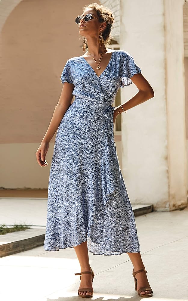 ECOWISH Women's Dresses Bohemian Wrap V Neck Short Sleeve Ethnic Style High Split Beach Maxi Dress