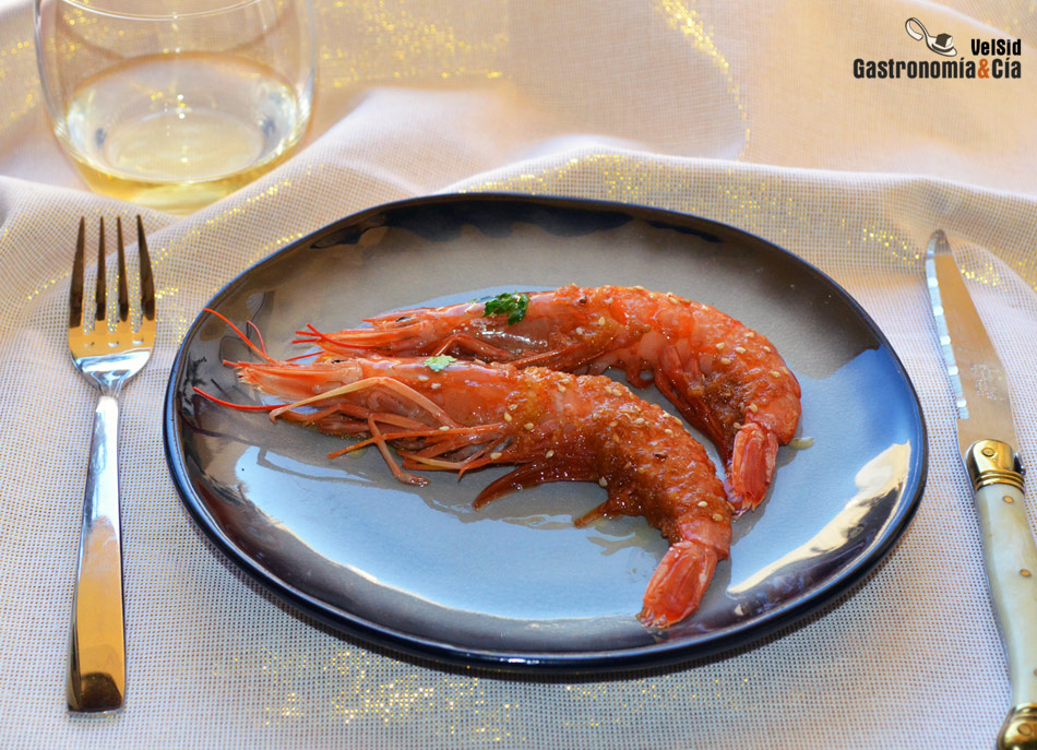 Gambas a la plancha con salsa de soja y jengibre
