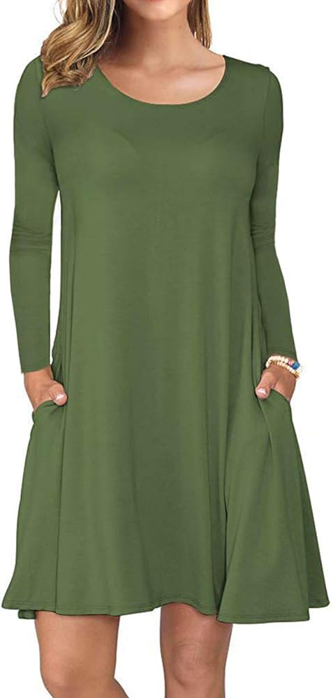 AUSELILY Women's Long Sleeve Pockets Casual Swing T-Shirt Dress