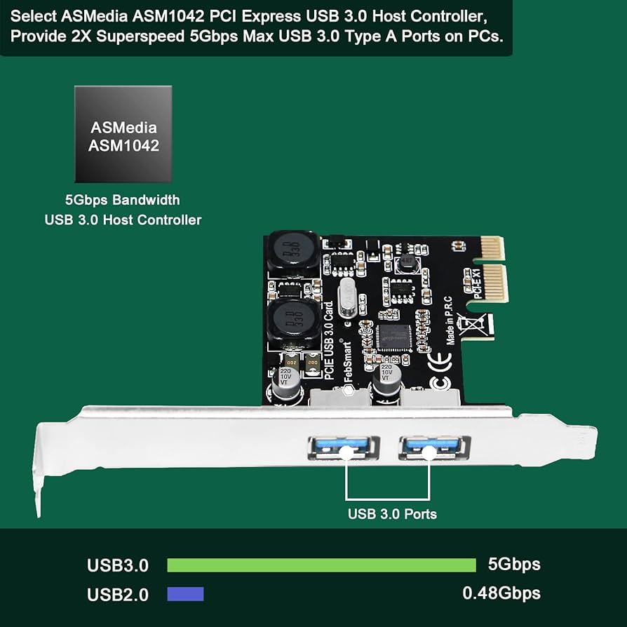 FebSmart 2 Ports USB 3.0 Super Fast 5Gbps PCI Express (PCIe) Expansion Card