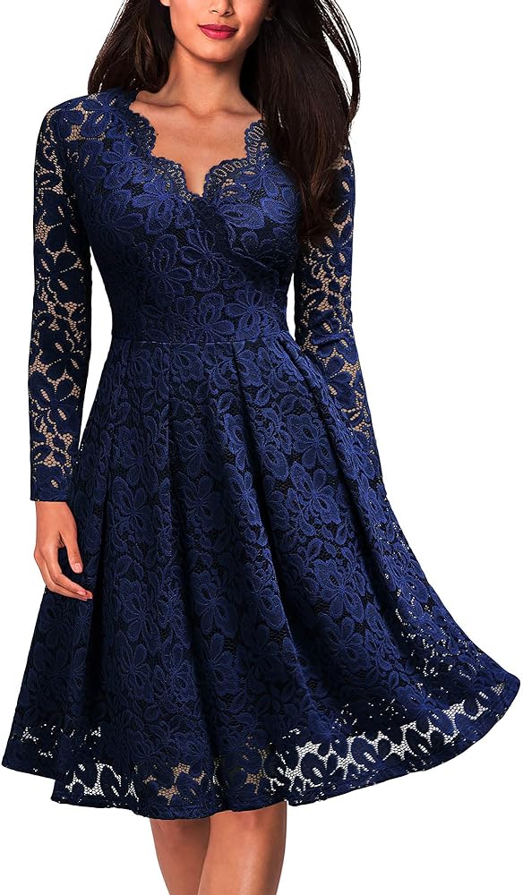 MISSMAY Women's Vintage Floral Lace Long Sleeve Boat Neck Cocktail Party Swing Dress