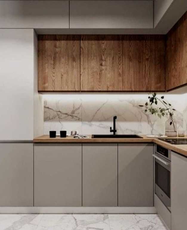 Farmhouse Gray Kitchen with Living Wall Shelving