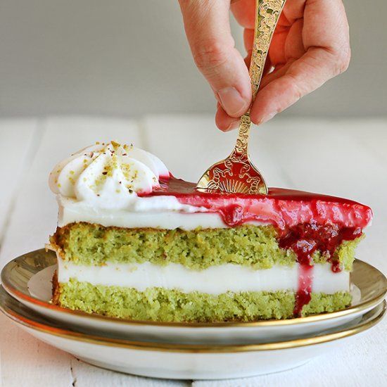 Pistachio Cake with Raspberry Sauce