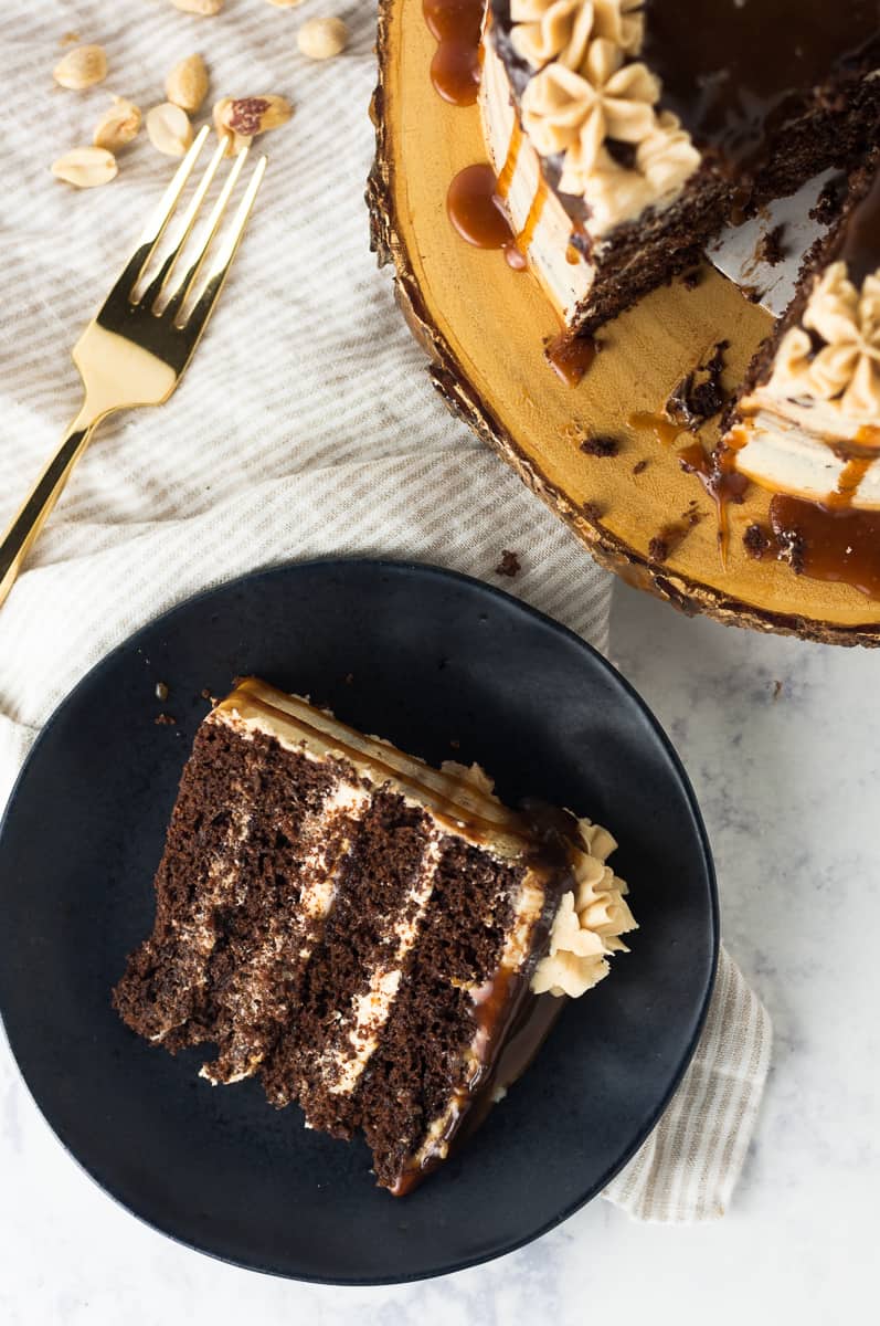Peanut Butter Chocolate Cake with Caramel Sauce