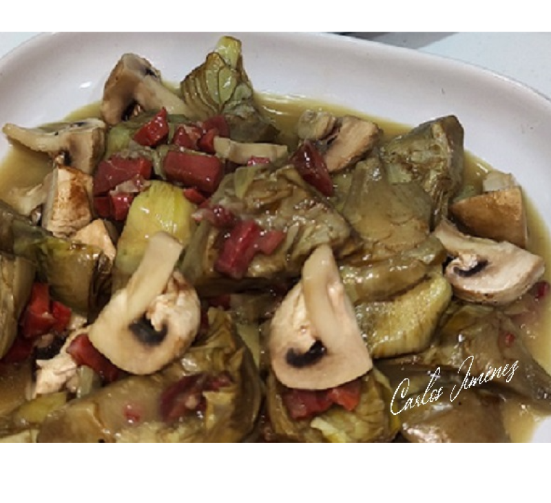 Alcachofas con jamón y champiñones en Thermomix