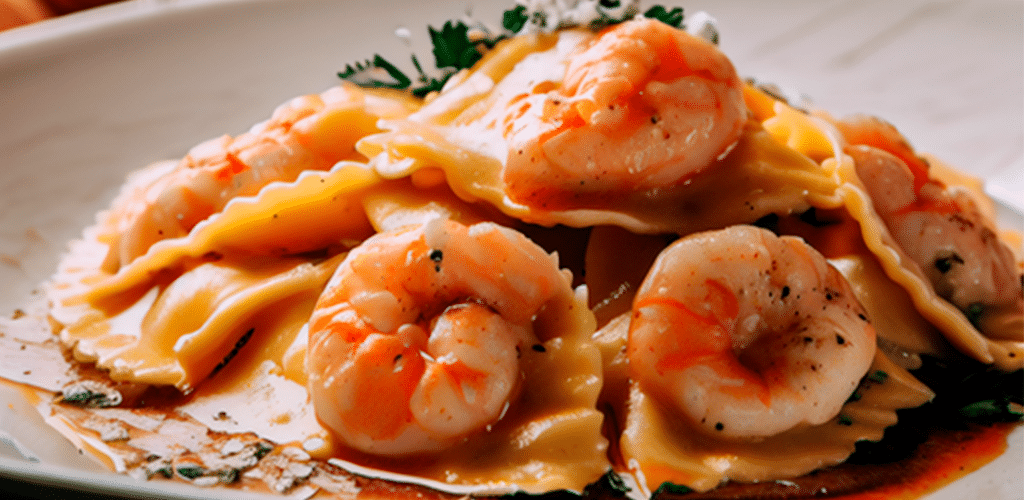 Ravioli de camarones con salsa de ajo y limón