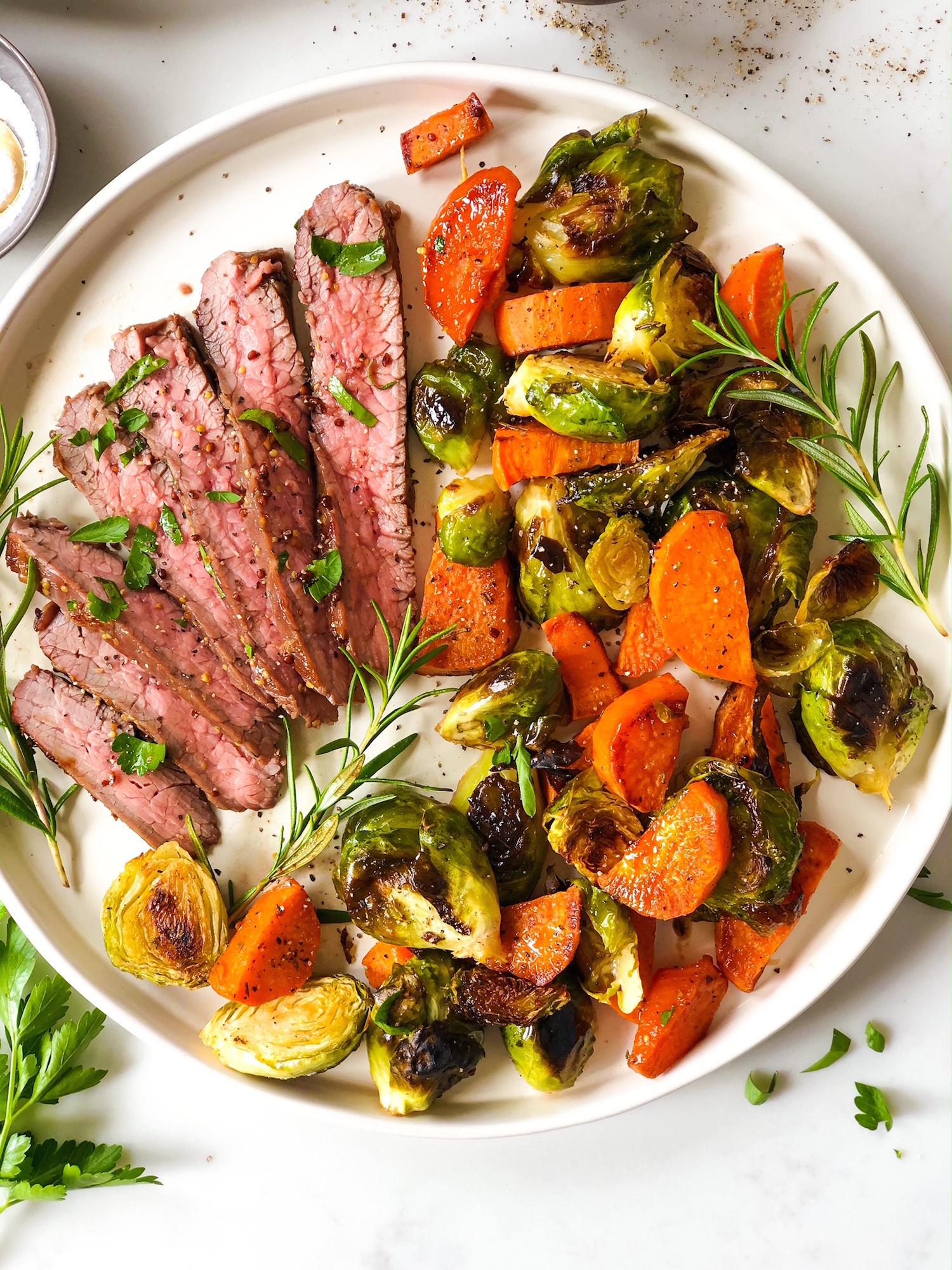 Flank Steak with Roasted Sweet Potatoes and Brussels Sprouts