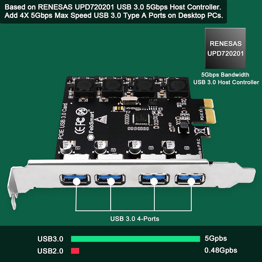 FebSmart 7 Ports USB 3.0 Super Fast 5Gbps PCI Express (PCIe) Expansion Card