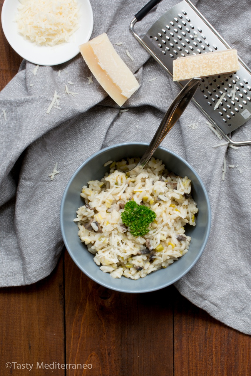Risotto de puerros y champiñones