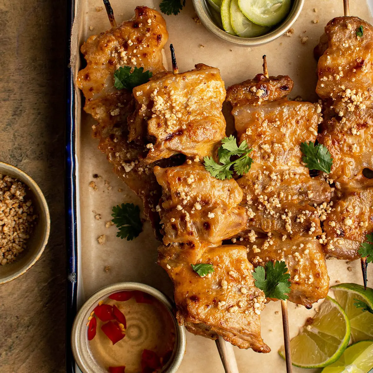 Pork Belly Skewers with Peanut Sauce