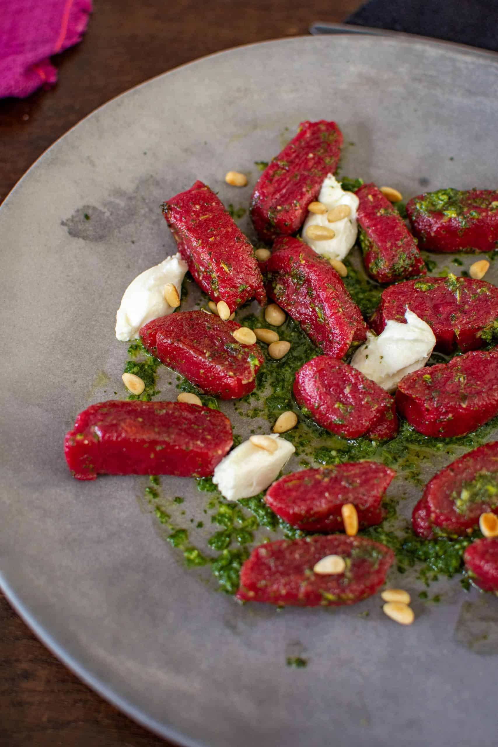 Beet Gnocchi with Goat Cheese and Walnuts