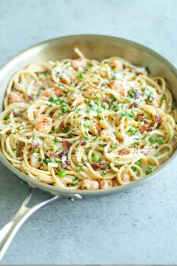 Shrimp Carbonara Pasta with Bacon and Peas