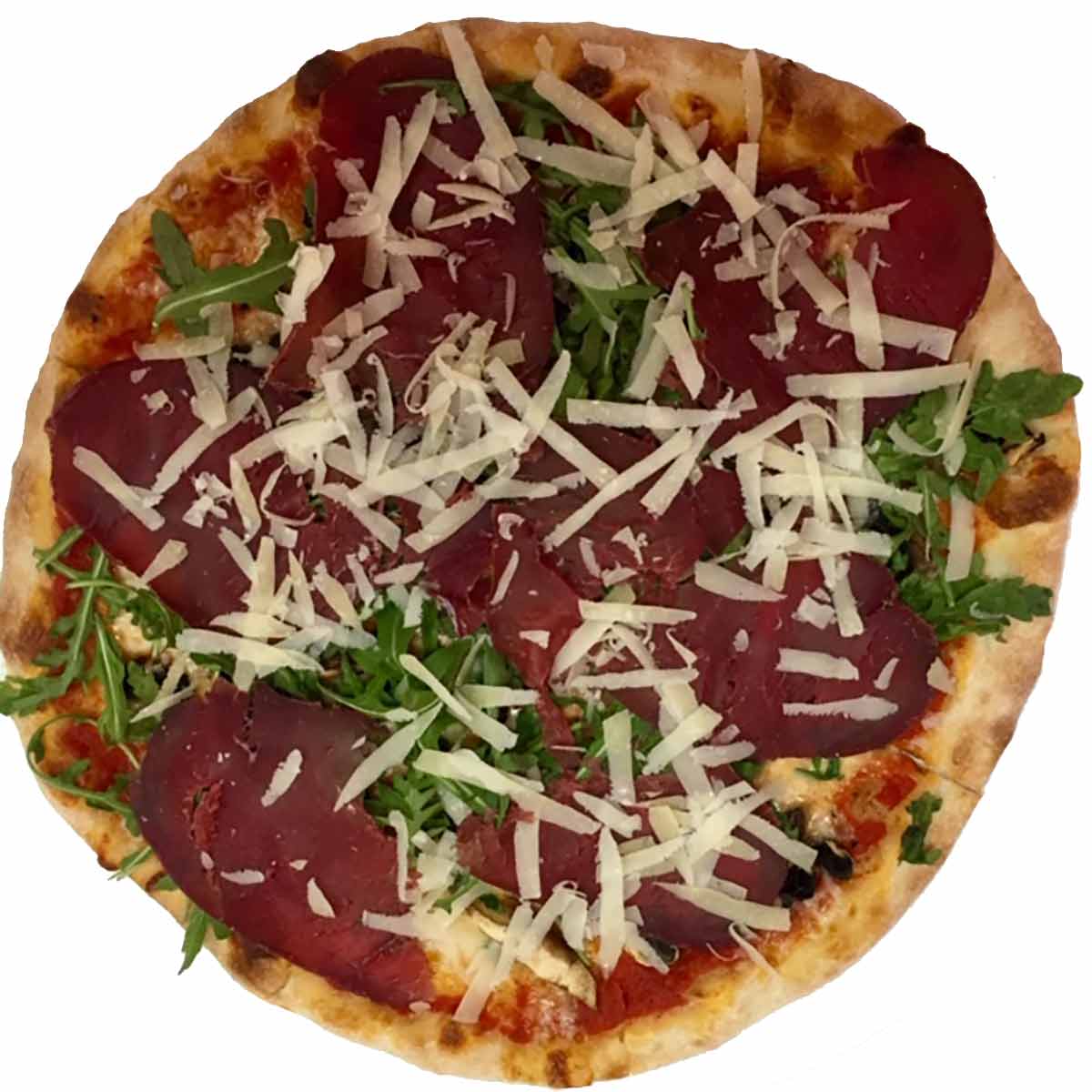Pizza de bresaola, champiñones y parmesano
