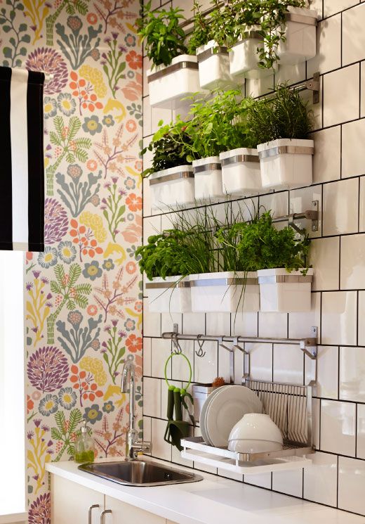 Eclectic White Kitchen with Hanging Herb Garden Baskets