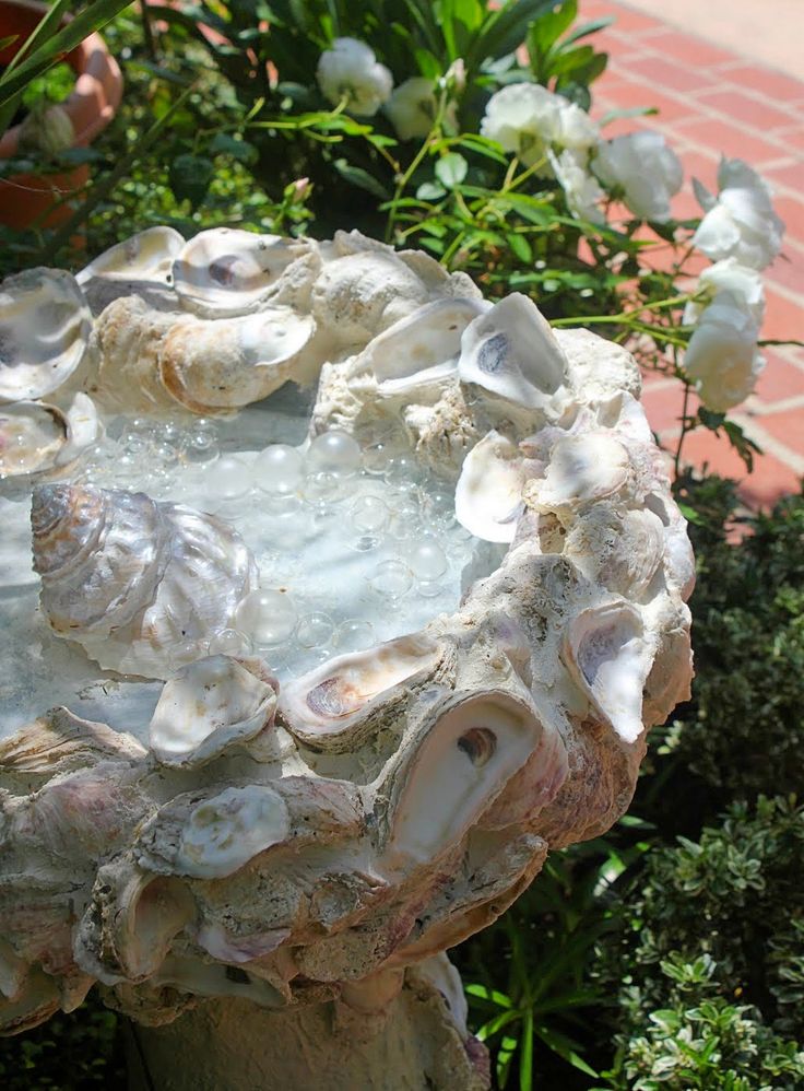 Seashell Mosaic Birdbath Fountain