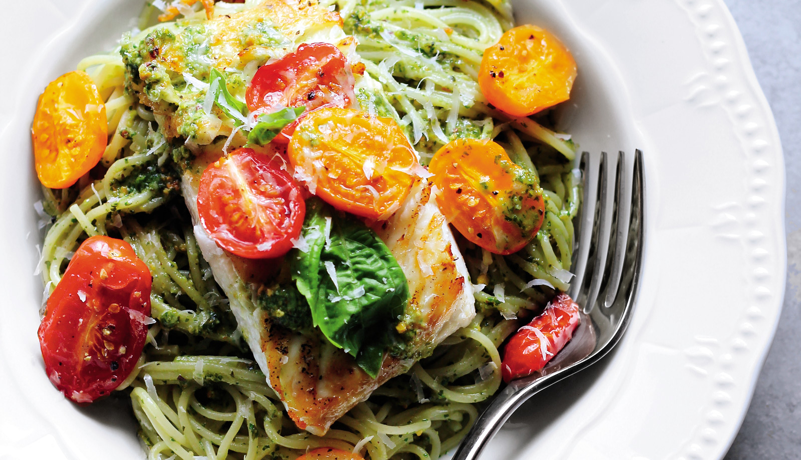 Halibut with Pesto and Roasted Tomatoes