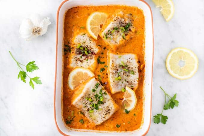 Cod with Roasted Red Pepper Sauce