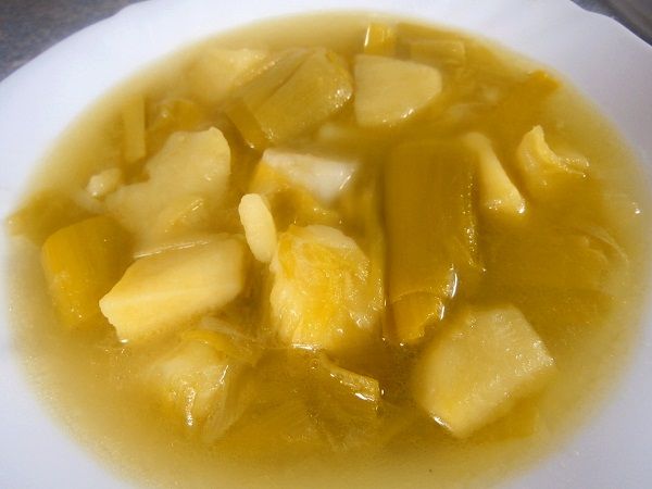 Porrusalda con crujientes de cebolla