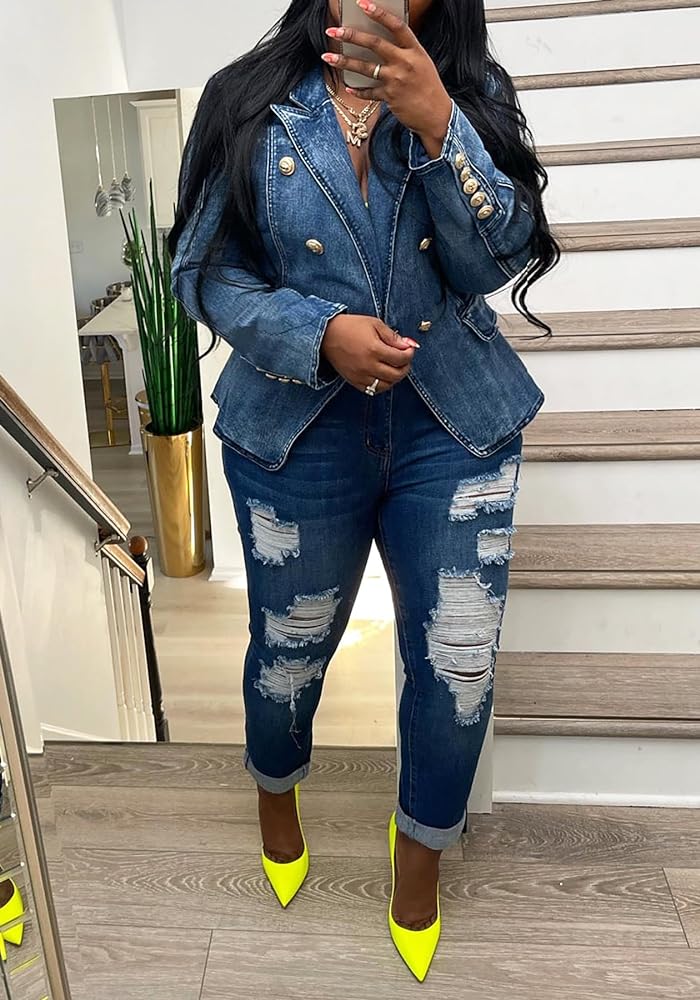 9. Casual Ruffled Suit Jacket with Denim Fabric