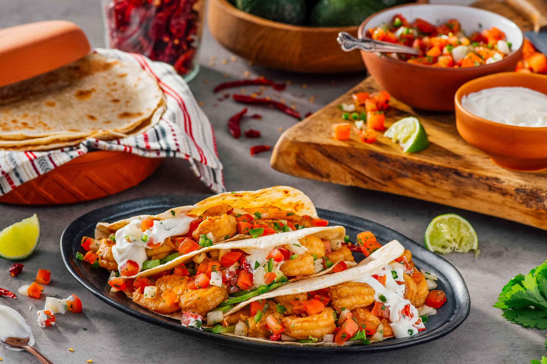 Tacos de Camaron a la Diabla con Crema y Limon