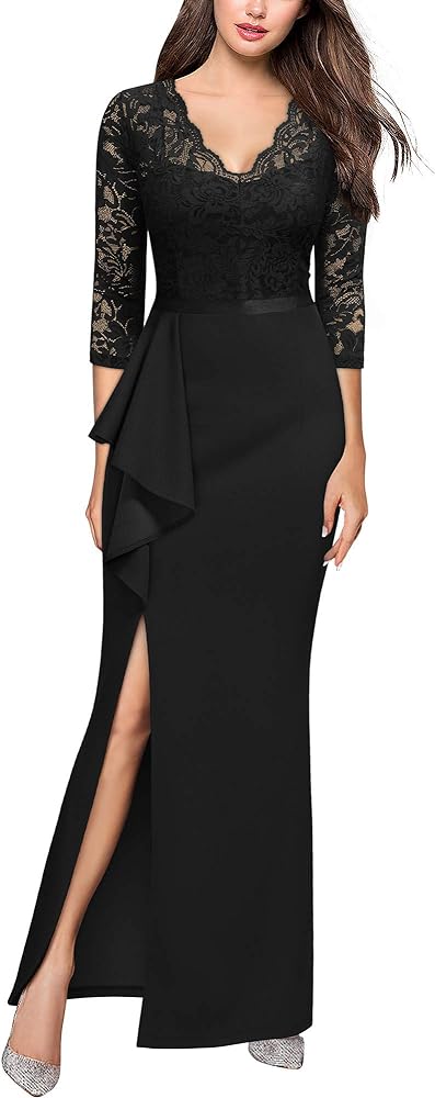 MISSMAY Women's Vintage Floral Lace Long Sleeve Wedding Maxi Dress